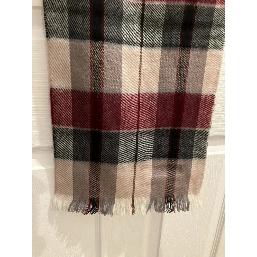 Pierre Cardin Plaid Scarf Red Grey Beige Orlon Acrylic Fringe Trim Vintage Style